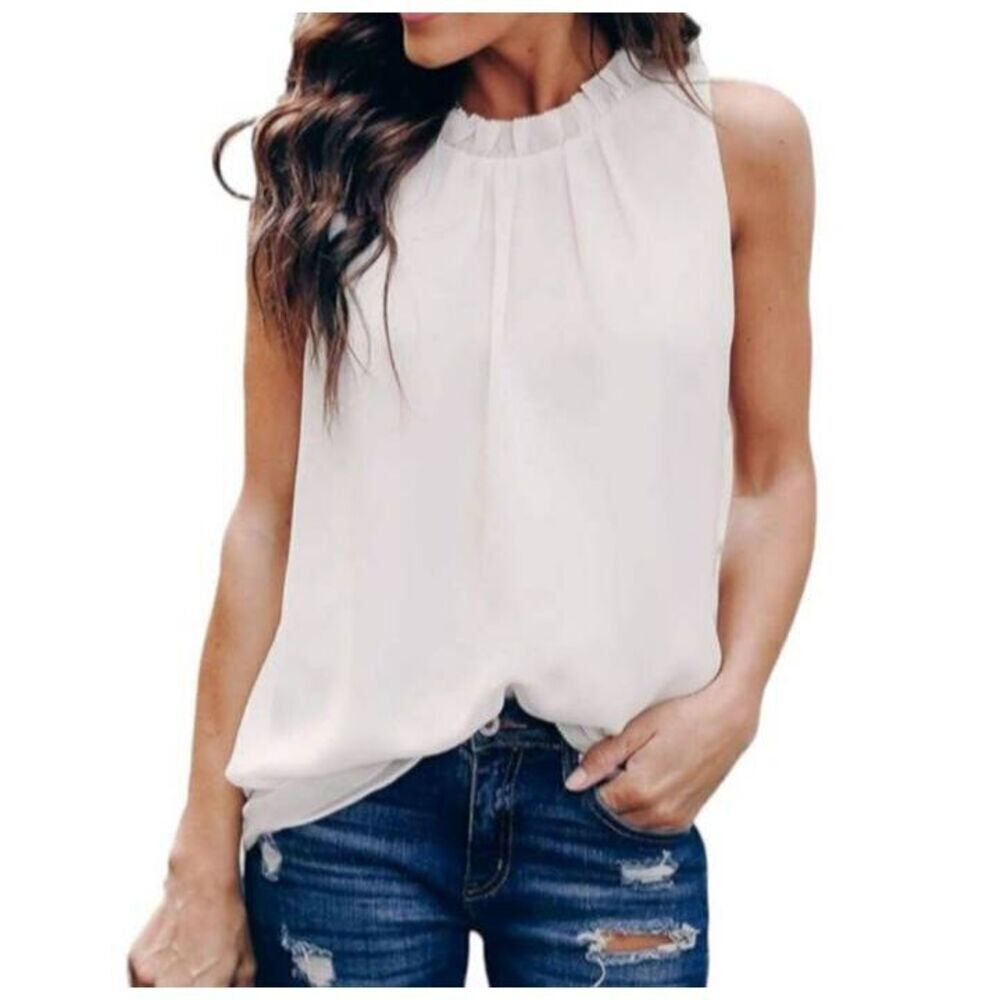 ALLIMY WHITE WOMEN SUMMER RUFFLE TRIM NECKLINE TANK TOPS DOUBLE LINED CHIFFON BL